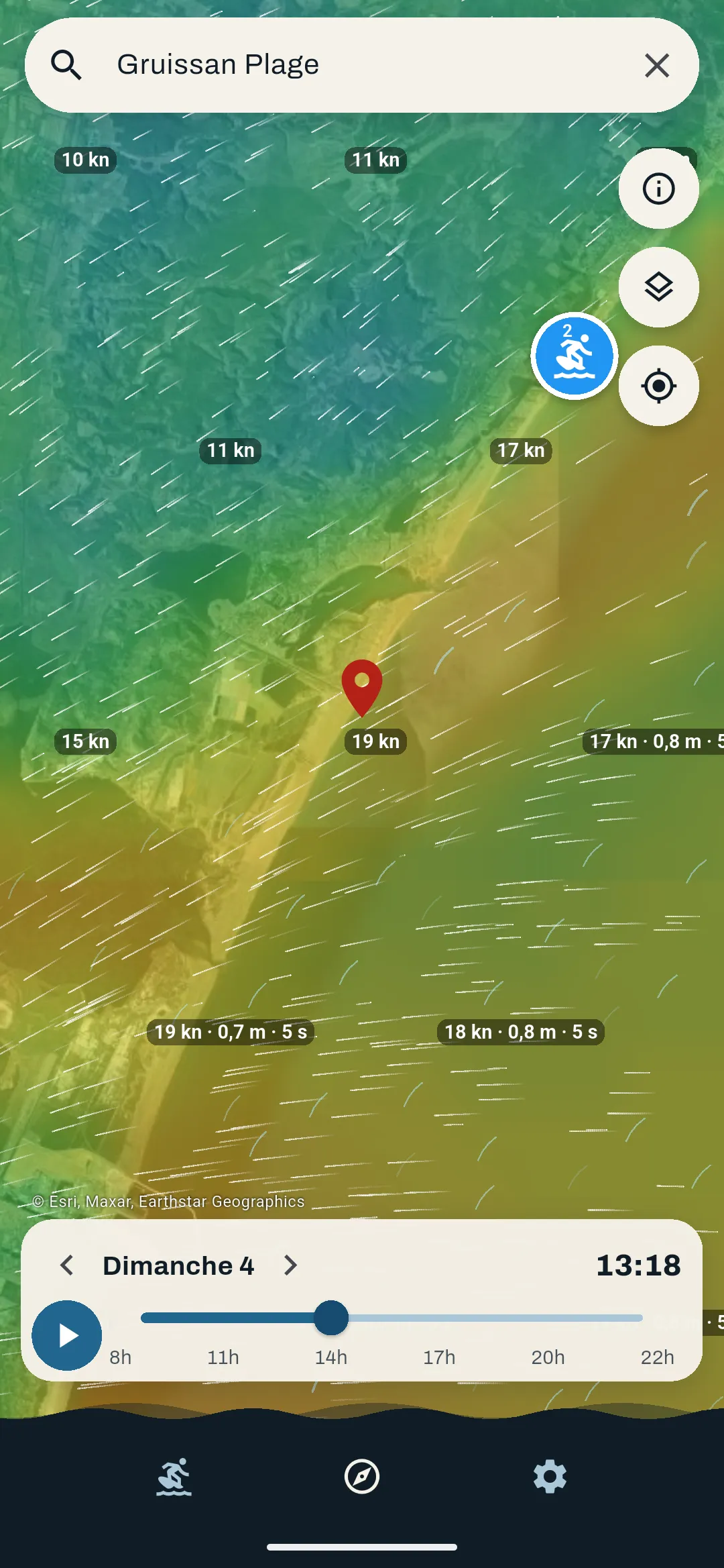 Animated wind map around Gruissan, values in knots