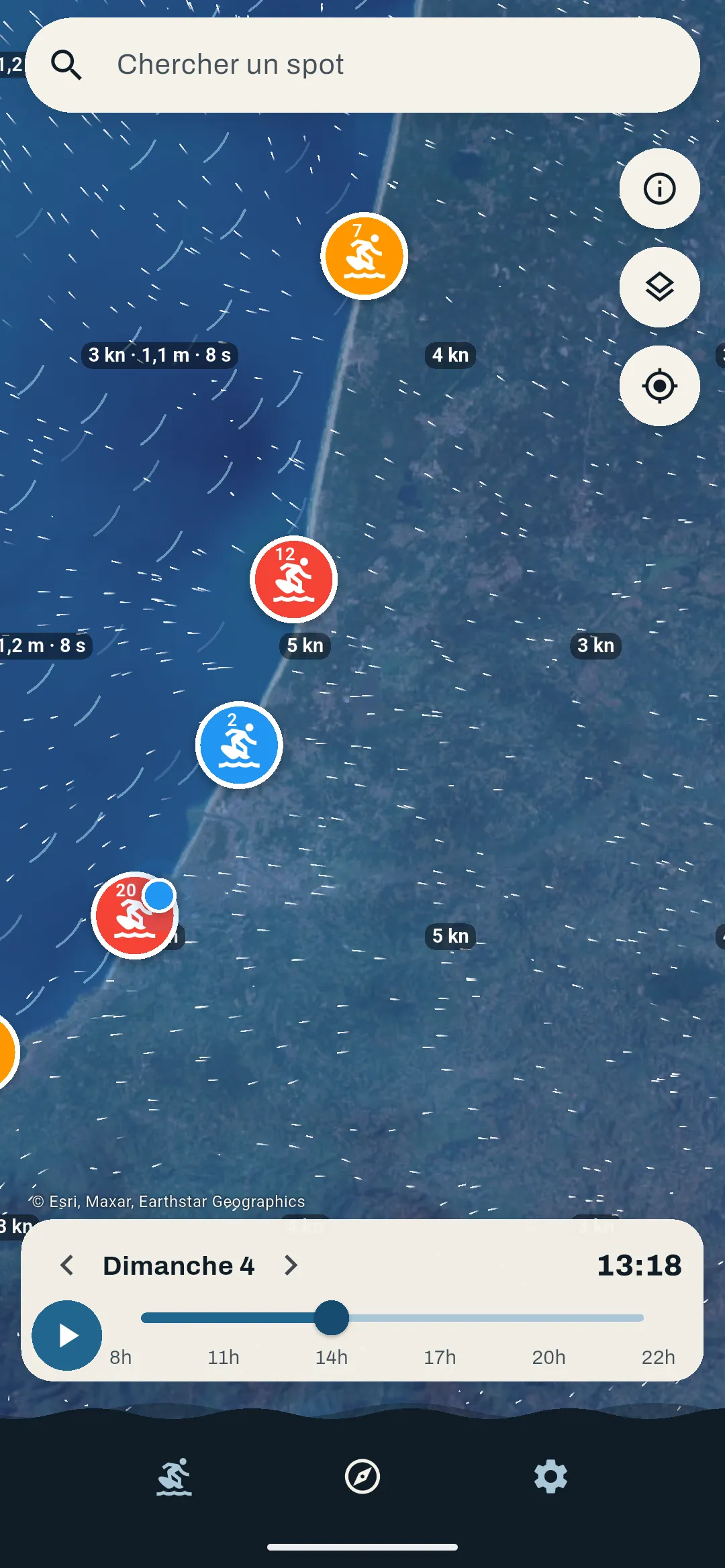Satellite map of surf spots along the Landes coast