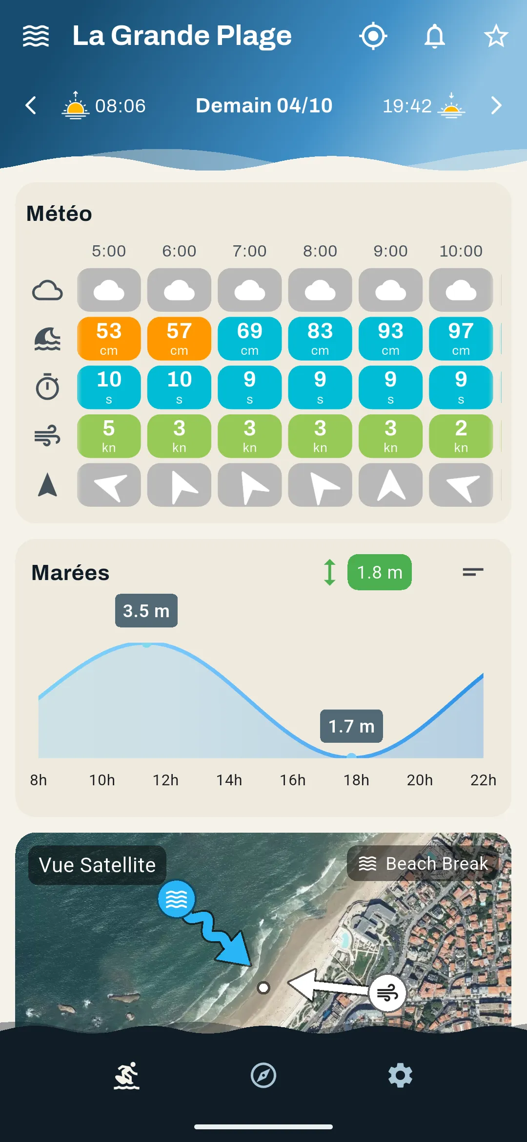 Biarritz Grande Plage spot page: hour-by-hour swell, period and wind in color, tide and satellite view